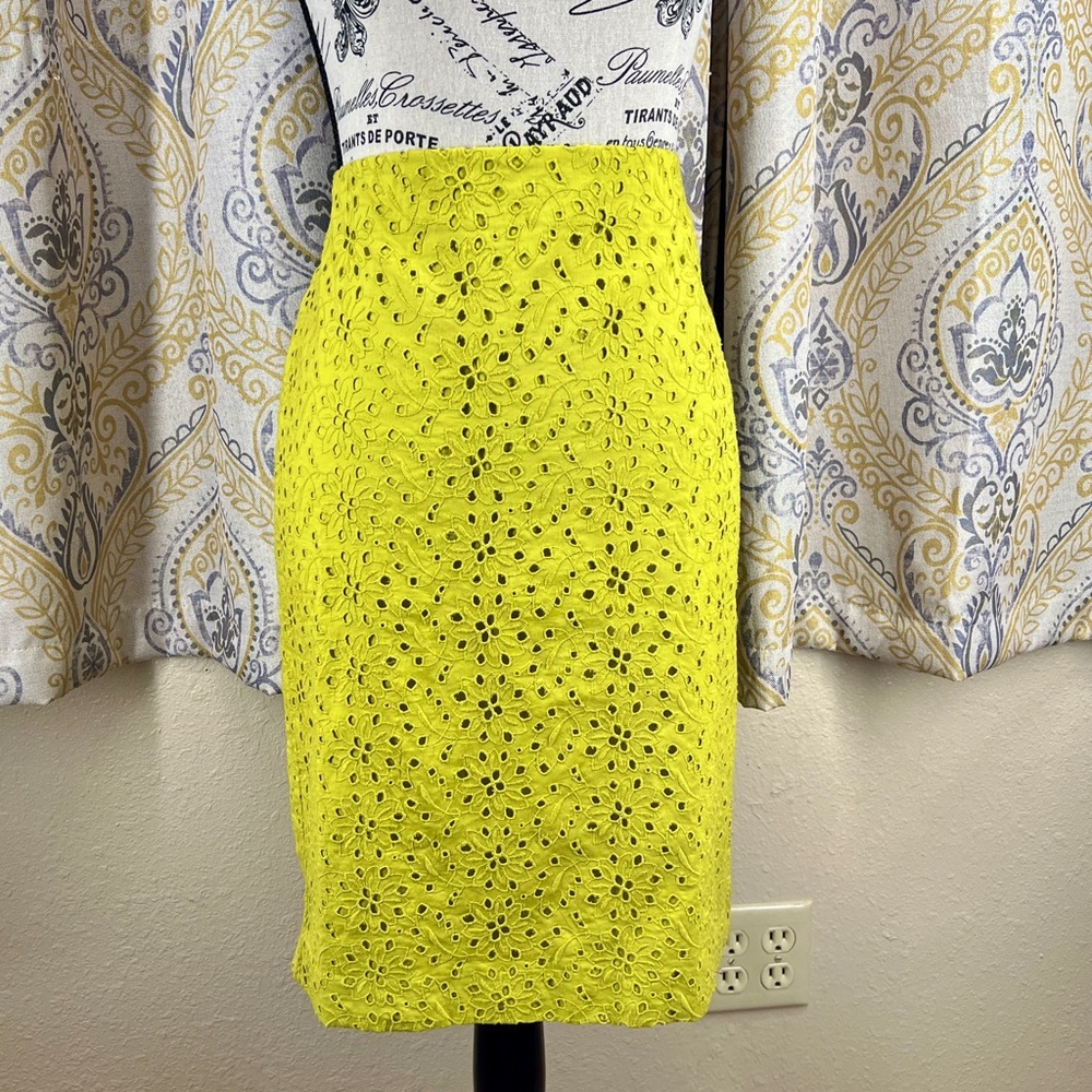 NWT Talbots Yellow Green Cotton Floral Cutout Pencil Skirt - Size 6